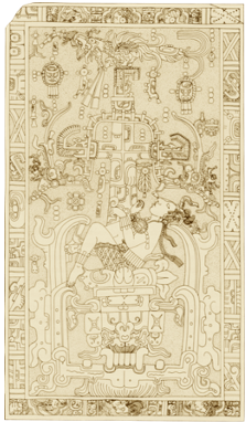 Dibujo realizado por Linda Schele de
la losa superior del sarc&oacute;fago de K&rsquo;inich Janaab&rsquo; Pakal I (ca. s. VII d.C)